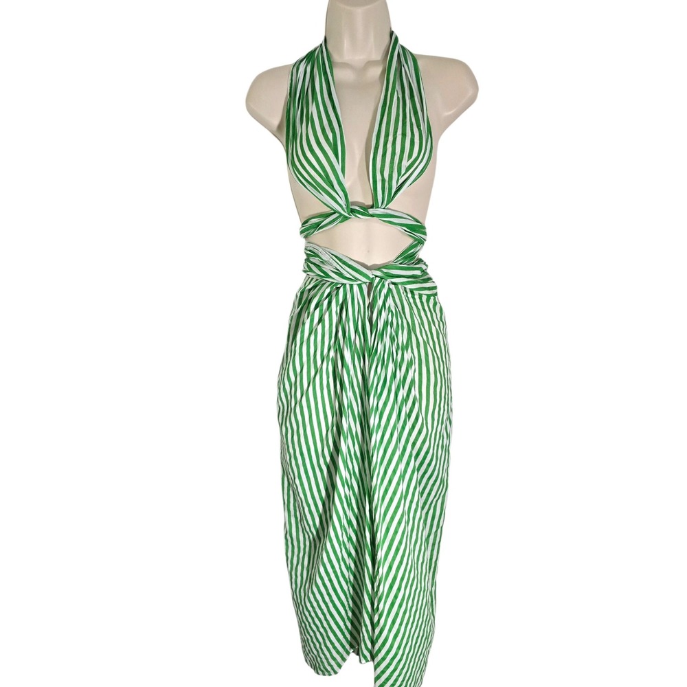 J. Crew Green White Striped Convertible Beach Sarong Halter Dress XS